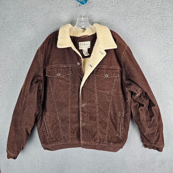 LL Bean Men's Large Tall Brown Flap Pockets Corduroy Jacket sherpa lined Q BFW2